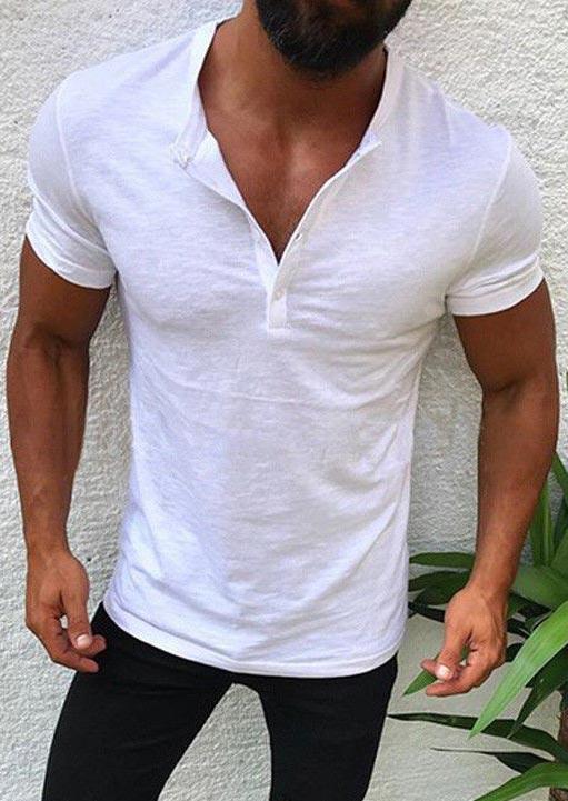 

Men Casual Button V-Neck T-Shirt Tee - White, 497891