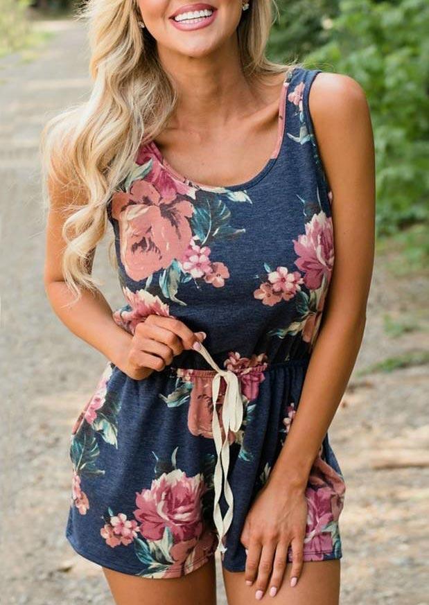 

Floral Elastic Waist Drawstring Pocket Romper - Deep Blue, 497945