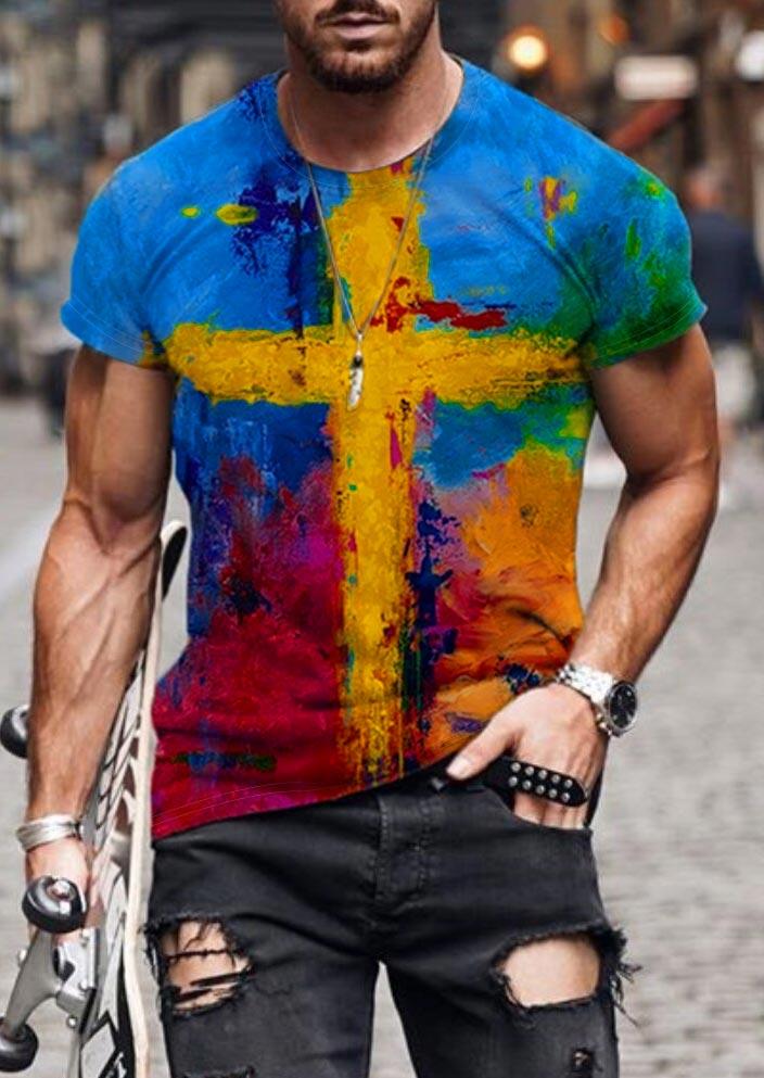 

Men Tie Dye Cross O-Neck T-Shirt Tee, Multicolor, 497892