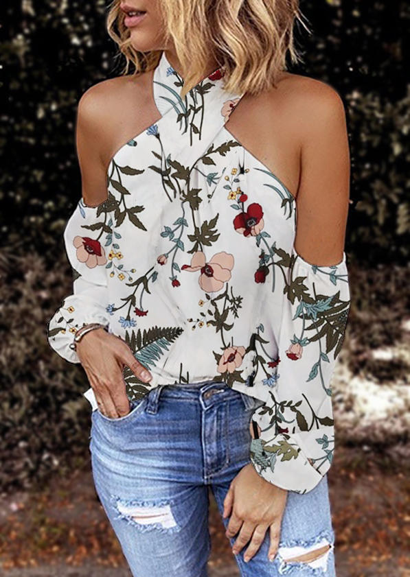 

Floral Leaf Cold Shoulder Halter Blouse, Multicolor, 498089
