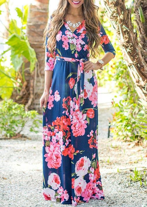 

Floral Wrap V-Neck Maxi Dress with Belt, Multicolor, 498093