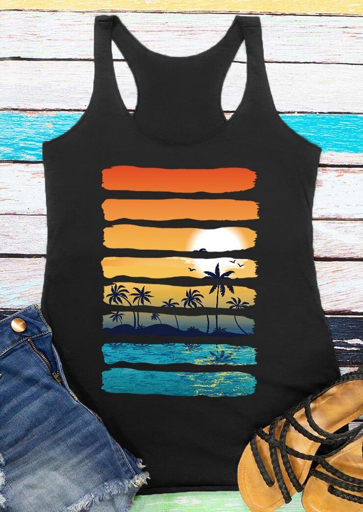 

Beach Sunset Landscape Striped Racerback Casual Tank - Black, 498307