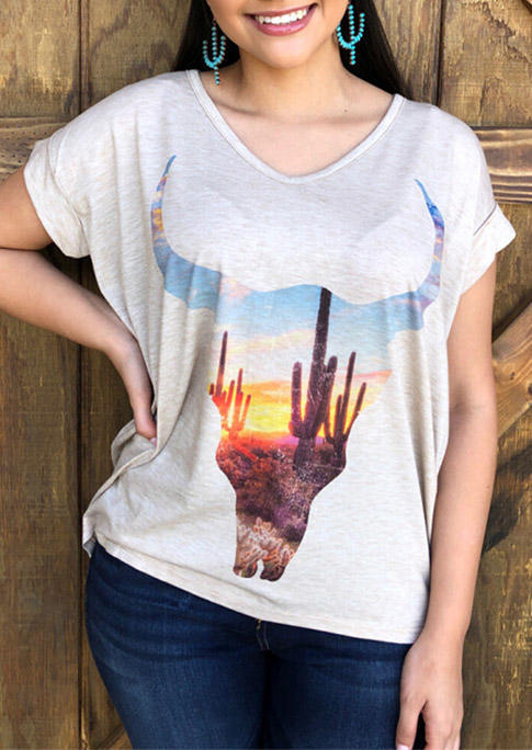 

Western Steer Skull Cactus Sunset T-Shirt Tee - Light Grey, 498395