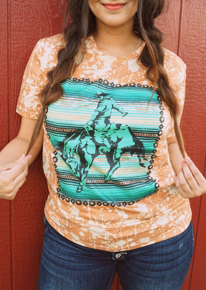 

Western Cowboy Bleached O-Neck T-Shirt Tee - Orange, 498396