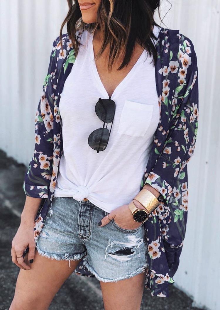 

Floral Three Quarter Sleeve Open Front Cardigan - Blue, 498363