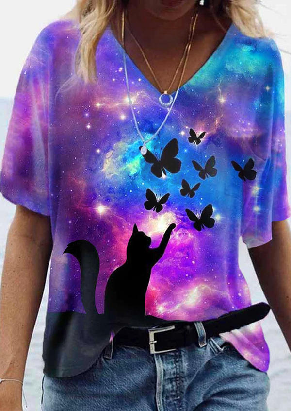 

Cat Butterfly Star V-Neck Blouse, Multicolor, 498384