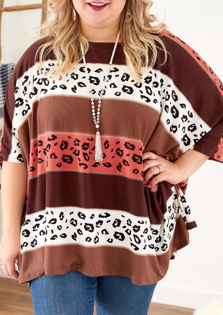 

Plus Size Leopard Striped Color Block Blouse, Stripe, 498390