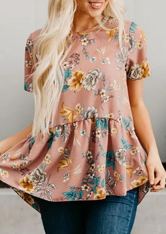 

Floral Ruffled Hollow Out Tie Asymmetric Blouse, Multicolor, 498448