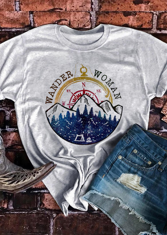 

Wander Woman Mountain Camping T-Shirt Tee - Light Grey, 498480