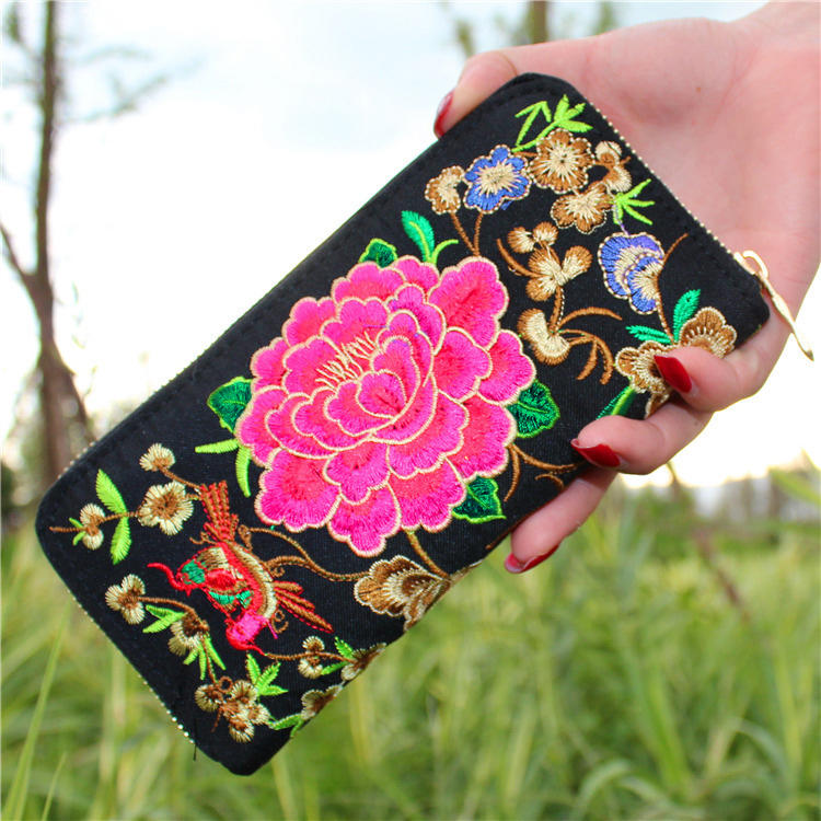 

Ethnic Style Embroidered Floral Smartphone Key Canvas Wallet, Peach red, 498510
