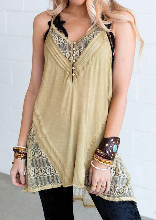 Lace Splicing Button V-Neck Camisole - Khaki, 498518