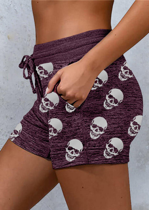 

Skull Drawstring Elastic Waist Pocket Sports Shorts - Plum, 498544