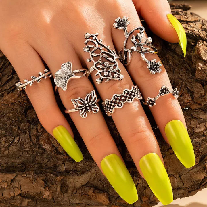 

7Pcs Vintage Hollow Out Butterfly Flower Leaf Ring Set, Silver, 498575