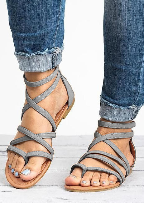 

Summer Criss-Cross Zipper Buckle Strap Flat Sandals - Gray, 497970