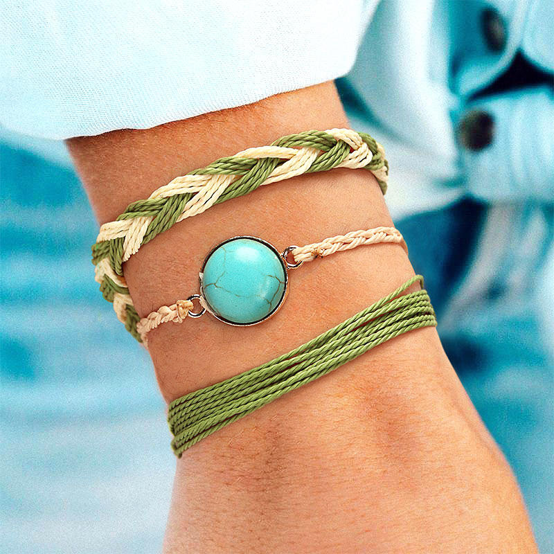 

3Pcs Turquoise Braided Waterproof Bracelet, Green, 498557