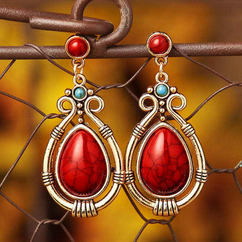 

Vintage Turquoise Water Drop Alloy Stud Earrings, Red, 498574