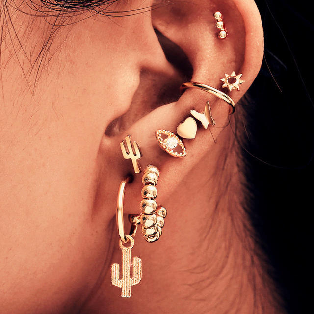 

9Pcs Cactus Heart Butterfly Stud Earrings Set - Gold, 498598