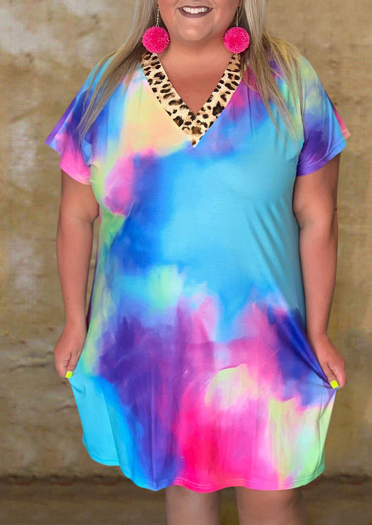 

Plus Size Tie Dye Leopard Splicing V-Neck Mini Dress, Multicolor, 498655