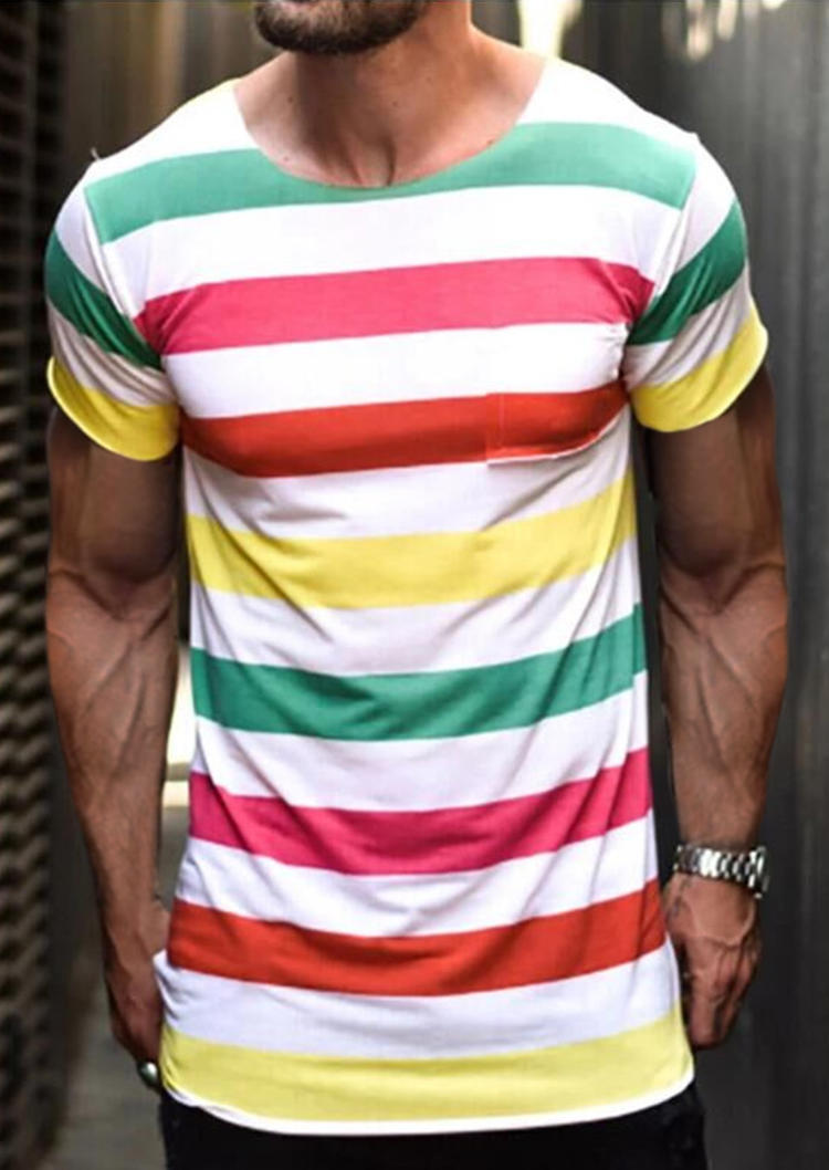 

Men Colorful Striped O-Neck T-Shirt Tee, Multicolor, 498660