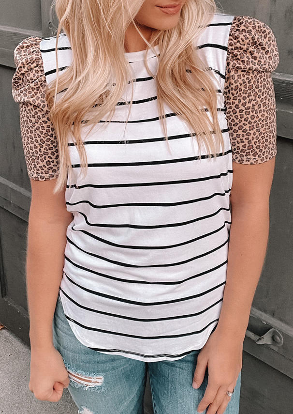 

Striped Leopard Splicing Ruffled Short Sleeve Blouse - White, 498668
