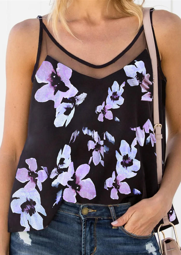 

Floral Mesh Splicing Adjustable Strap Camisole - Black, 498672
