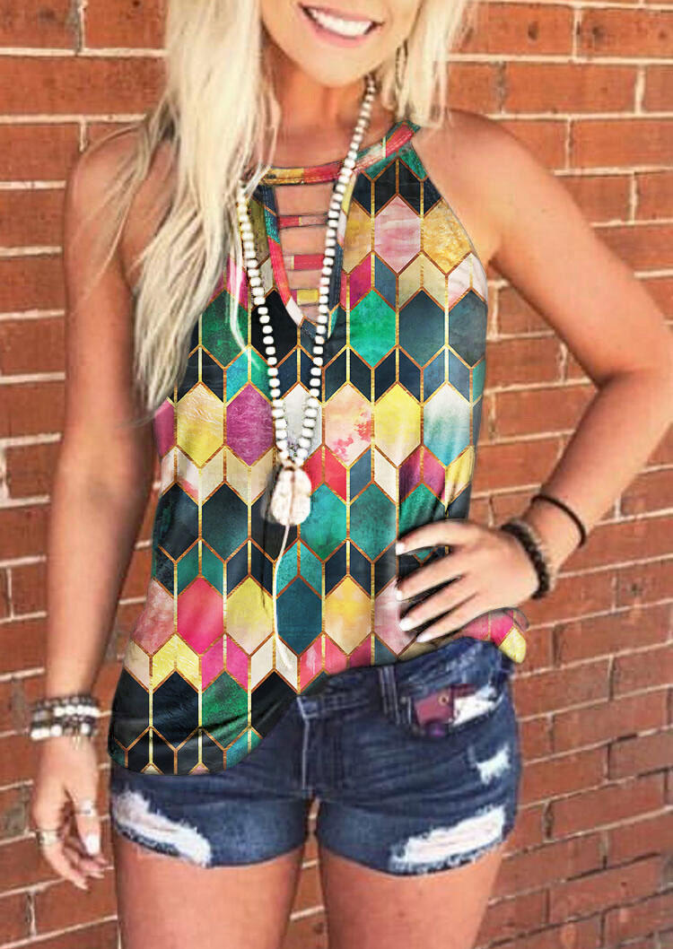 

Colorful Geometric Hollow Out Casual Tank, Multicolor, 497369