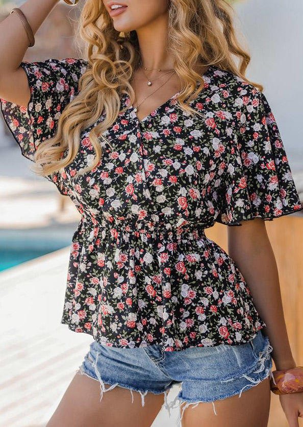 

Floral Ruffled Elastic Waist V-Neck Blouse - Black, 498548