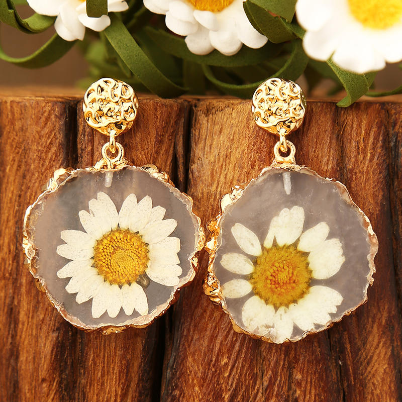 

Daisy Round Pendant Alloy Earrings, Gold, 498603