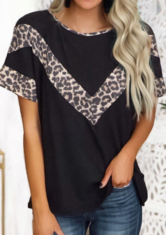

Leopard Splicing O-Neck Blouse - Black, 498673