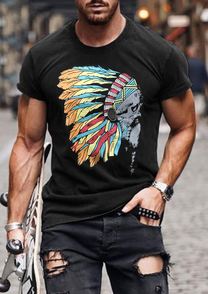 

Men Indian Chief O-Neck T-Shirt Tee - Black, 498685