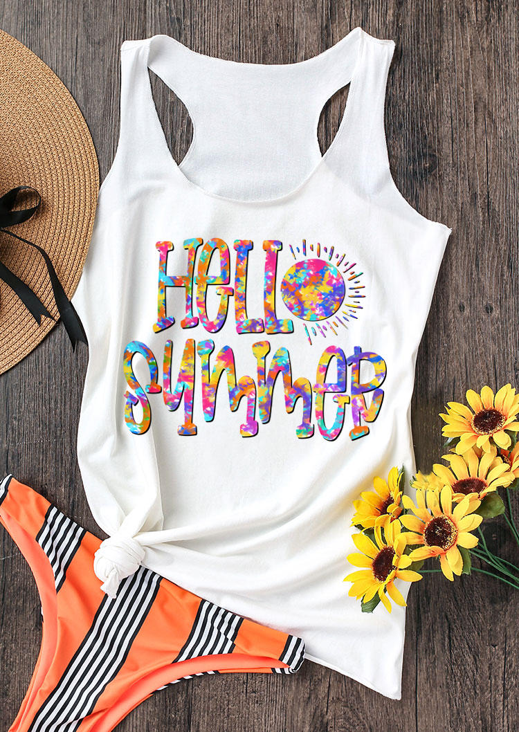 

Tie Dye Hello Summer Racerback Casual Tank - White, 498736