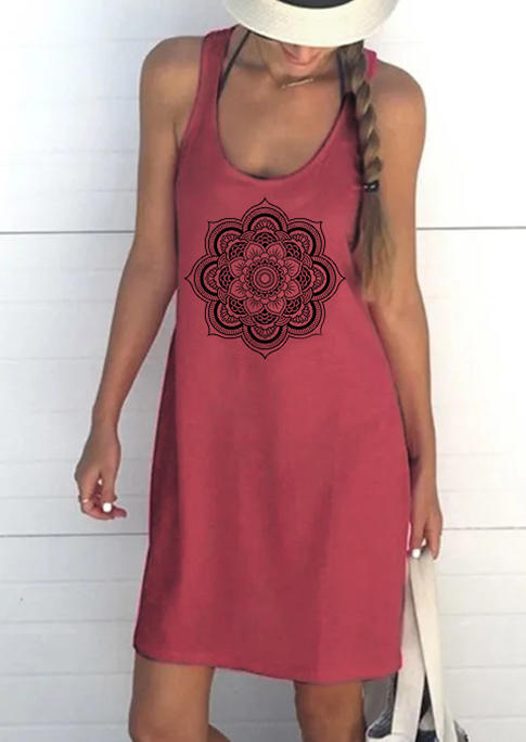 

Mandala O-Neck Sleeveless Pocket Mini Dress - Watermelon Red, 498745