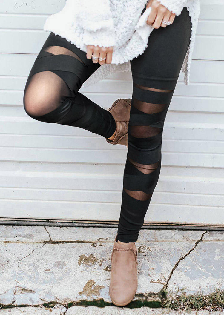 

Mesh Splicing Criss-Cross Elastic Waist Leggings - Black, 498203