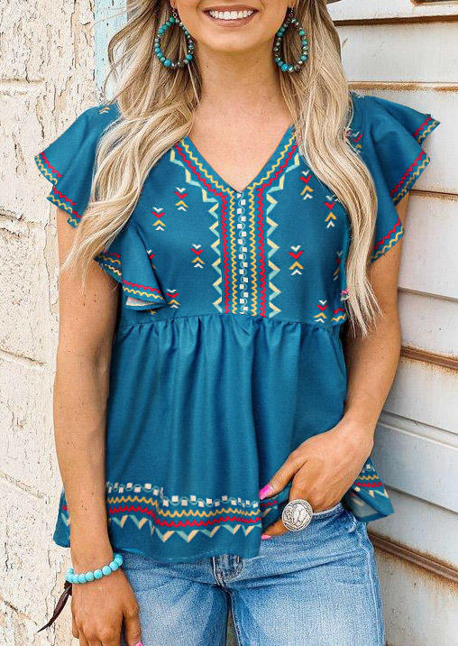 

Geometric Ruffled V-Neck Blouse - Blue, 498689