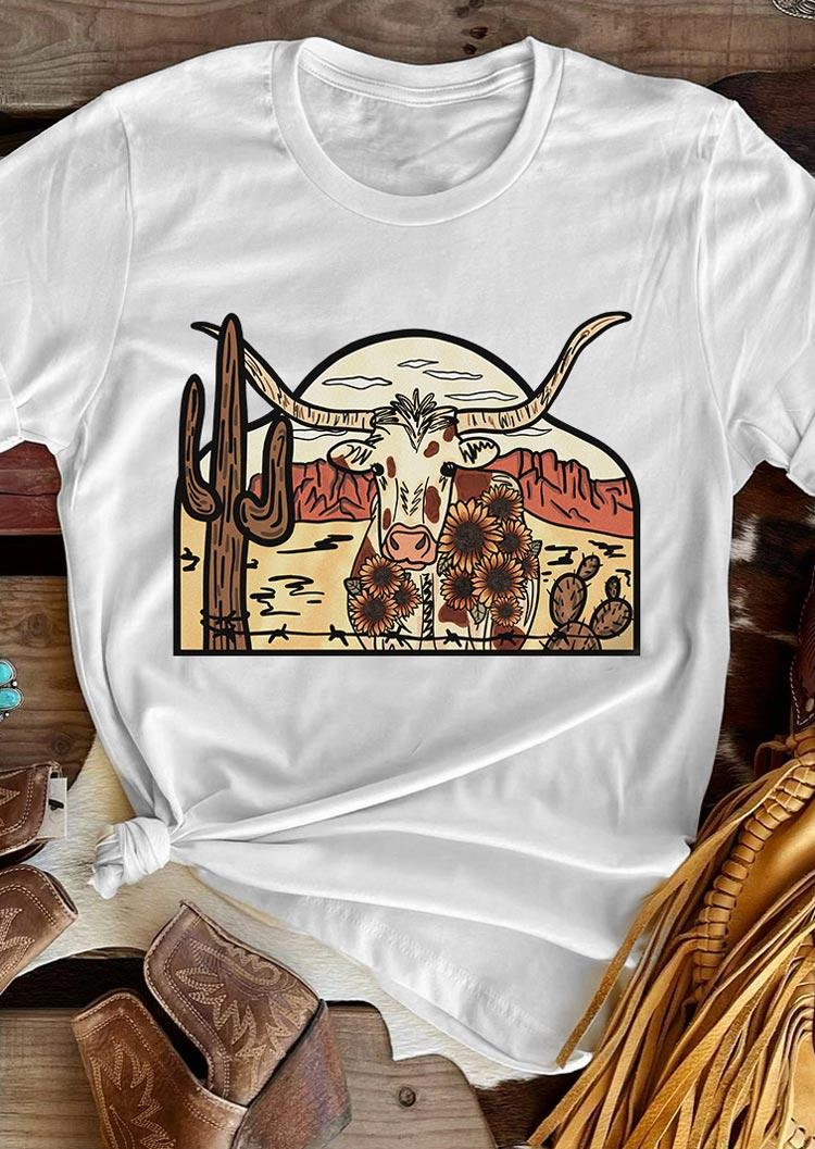 

Cactus Highland Cow Sunflower T-Shirt Tee - White, 498815