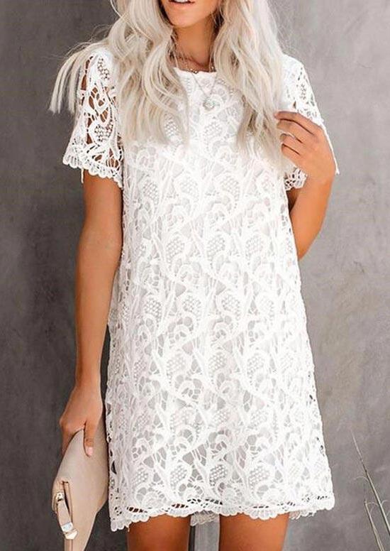 

Lace Hollow Out O-Neck Mini Dress - White, 498831