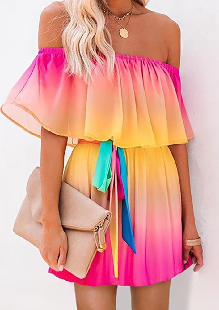 

Colorful Gradient Off Shoulder Layered Mini Dress, Multicolor, 498851