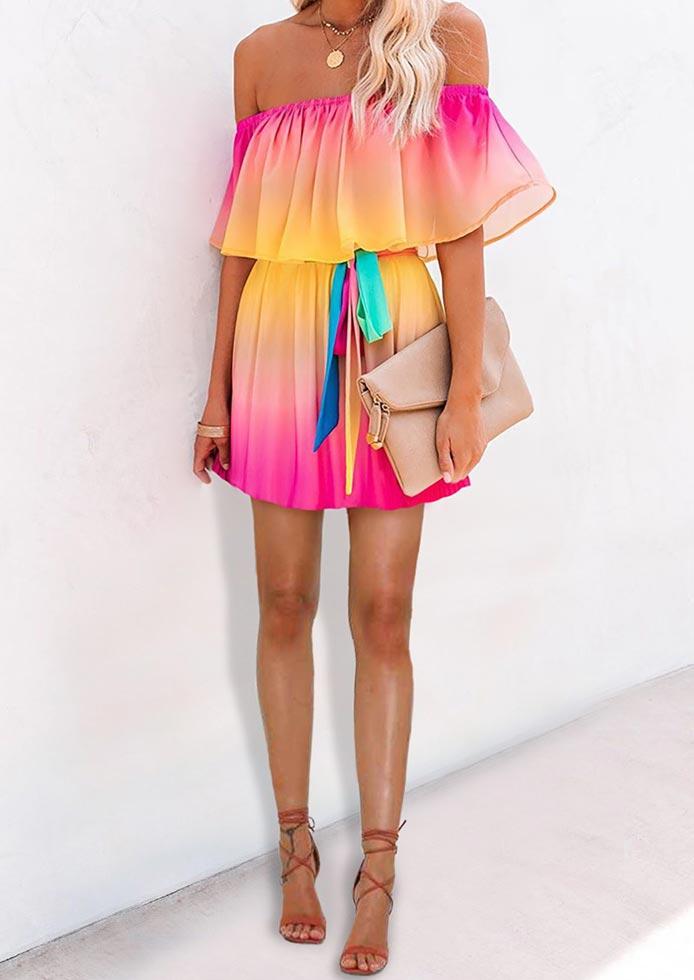 Colorful Gradient Off Shoulder Layered Mini Dress