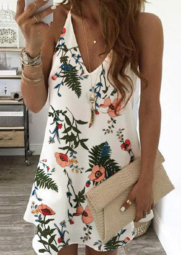 

Floral V-Neck Spaghetti Strap Mini Dress - White, 498855