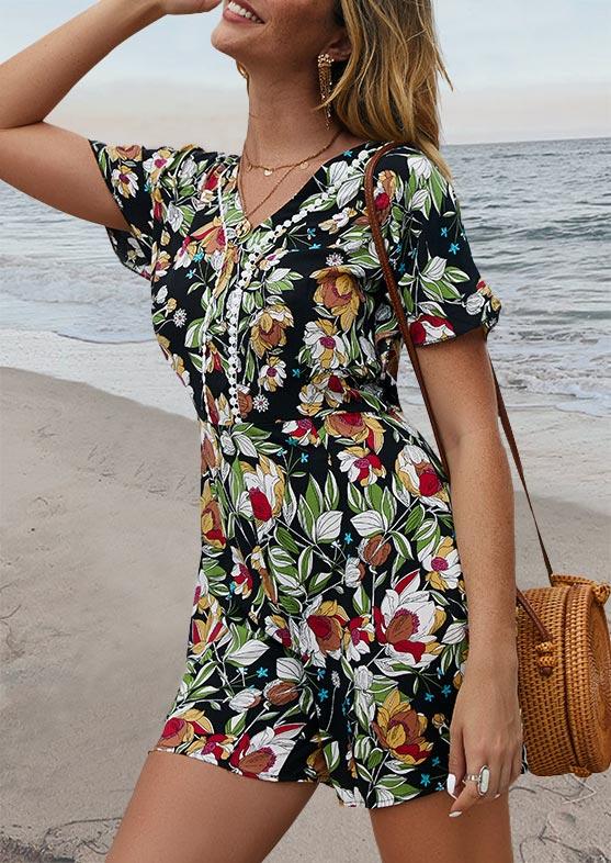 

Floral V-Neck Zipper High Waist Romper, Multicolor, 498863