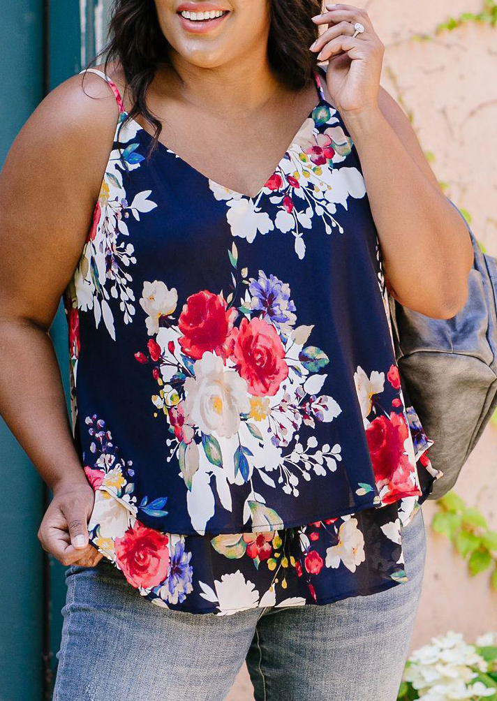 

Plus Size Floral V-Neck Layered Camisole - Navy Blue, 498882