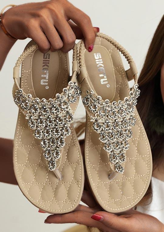 

Summer Bohemian Rhinestone Slip On Flat Sandals, Light khaki, 498885