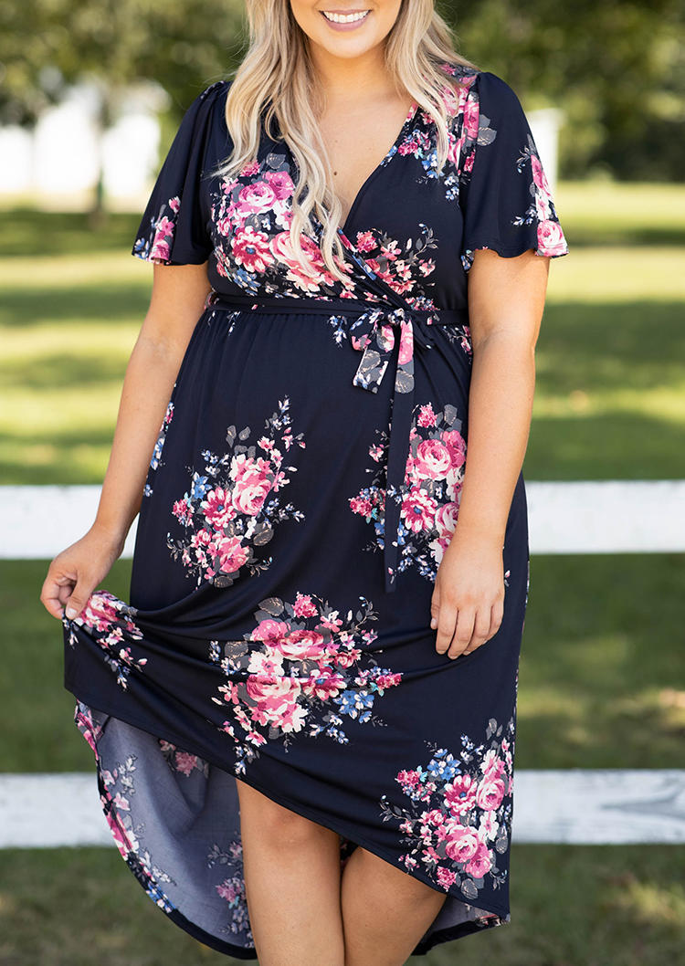 

Plus Size Floral V-Neck Asymmetric Casual Dress - Navy Blue, 498914