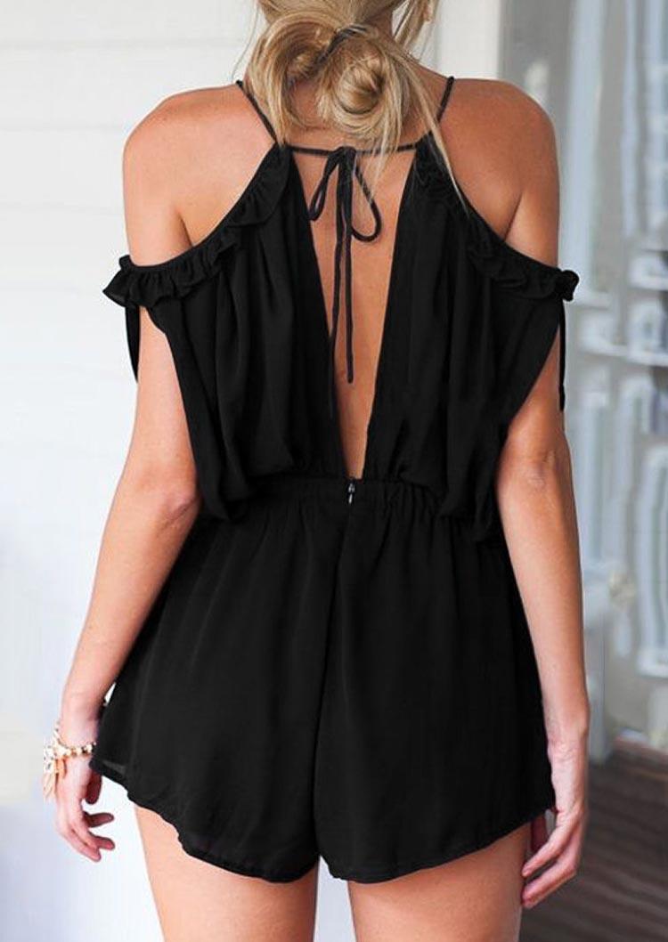 

Ruffled Tie Cold Shoulder Romper - Black, 498957