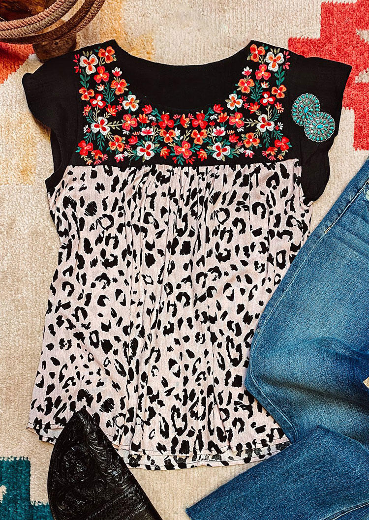 

Leopard Floral Splicing Casual Blouse, 498639