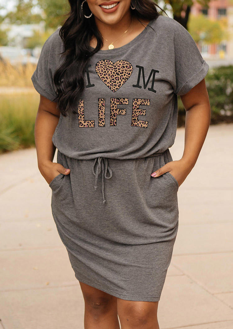 

Plus Size Mom Life Leopard Pocket Drawstring Mini Dress - Dark Grey, 498813