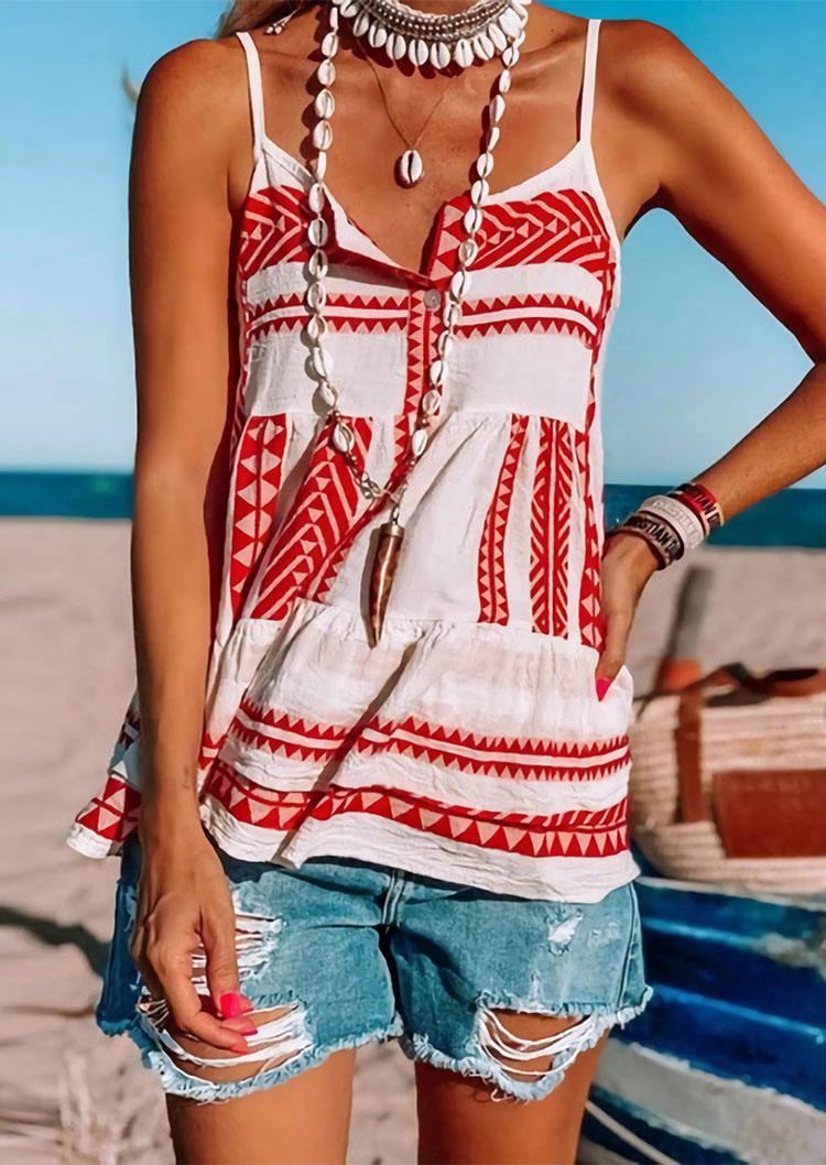 

Aztec Geometric Ruffled Button Camisole - White, 498817