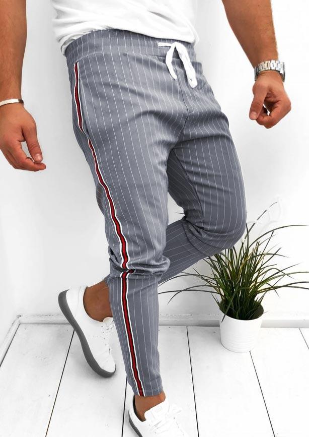 

Men Striped Drawstring Elastic Waist Pocket Pants - Gray, 498920