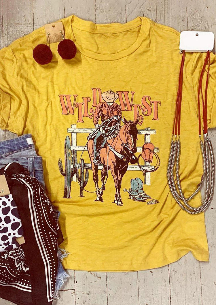 

Wild West Cowboy Cactus O-Neck T-Shirt Tee - Yellow, 499094