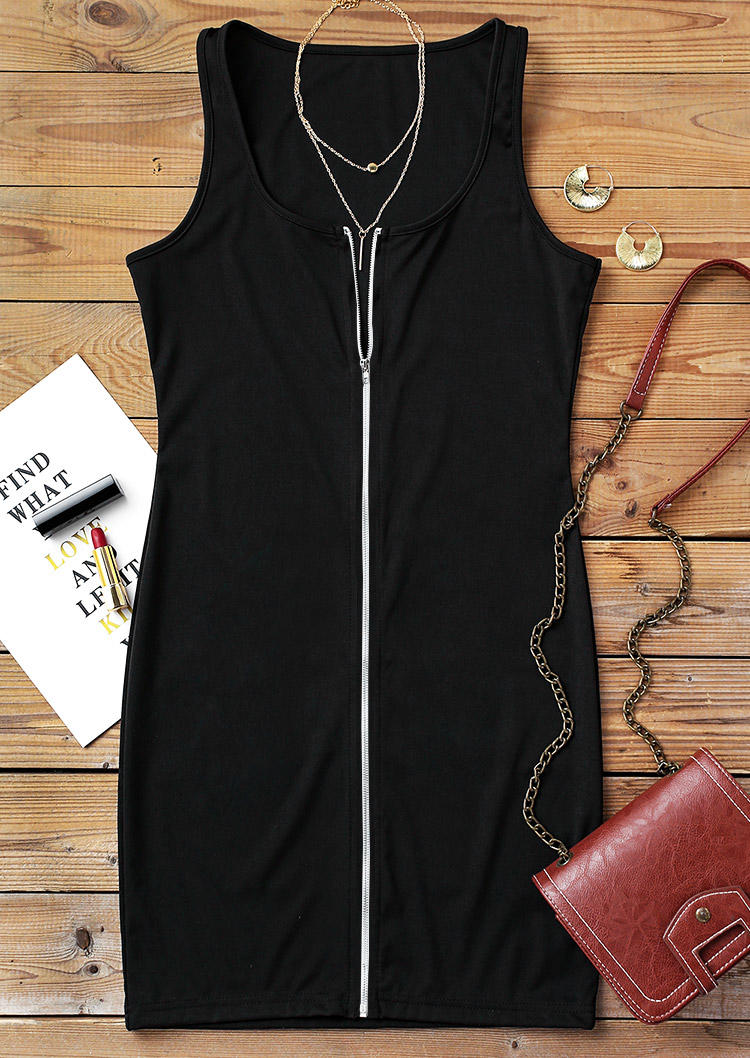 Zipper Sleeveless O-Neck Bodycon Dress - Black